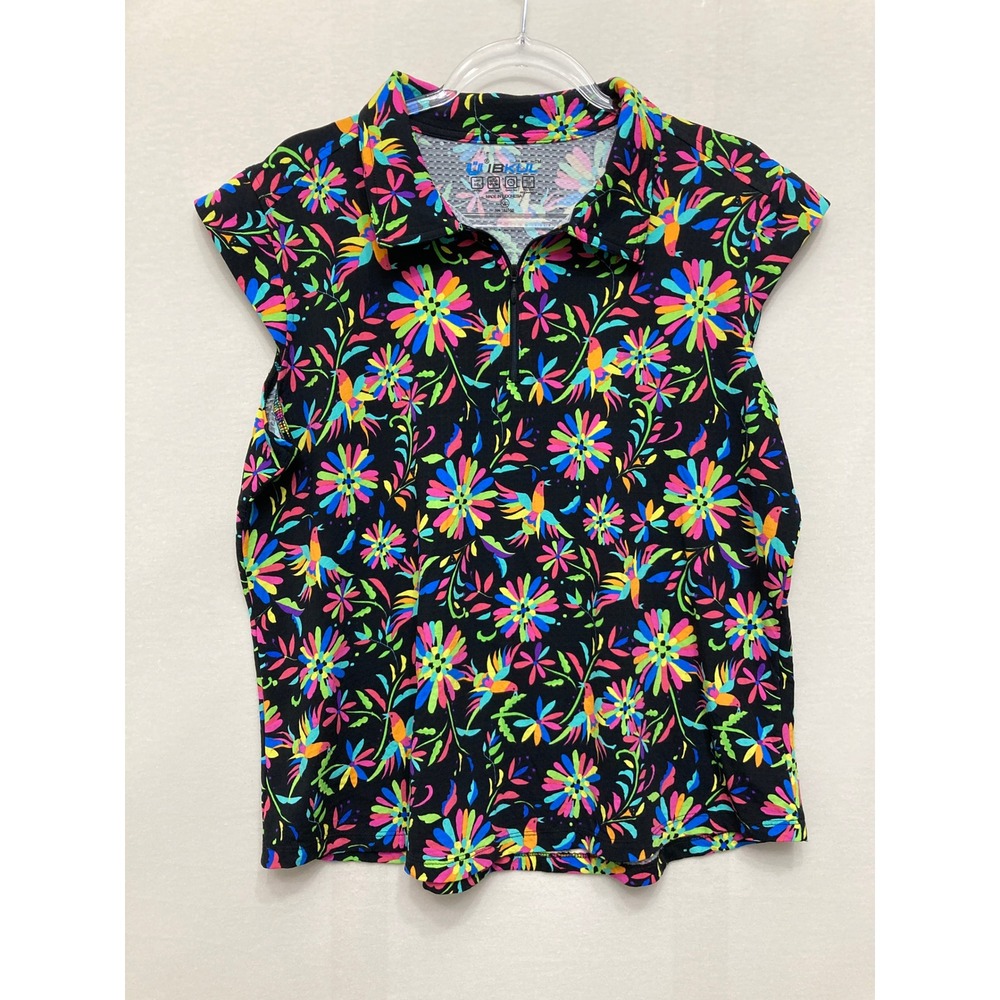IBKUL Sleeveless Polo Shirt XXL Black Floral Hummingbird Golf Tennis UPF 50+